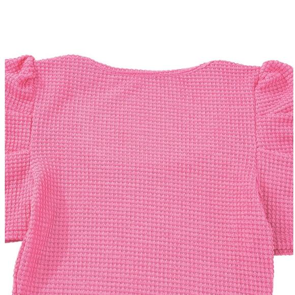Bright Pink Waffle Knit Ruched Puff Sleeve Top New S, M, L, - Picture 9 of 12